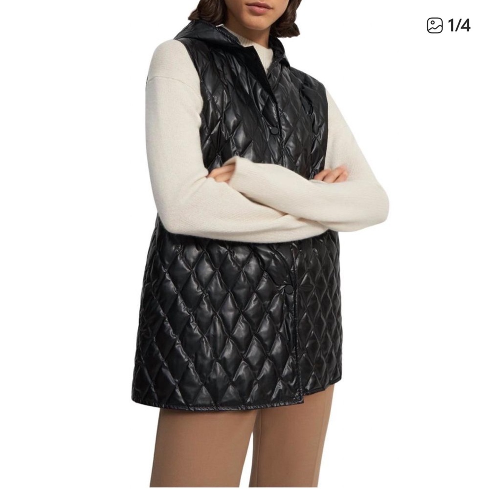 THEORY clairene quilted faux leather‎ hooded vest in black Small